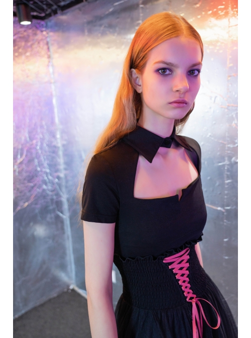 Steam Punk Female Black Mesh Stitching Pink Binding Long Skirt