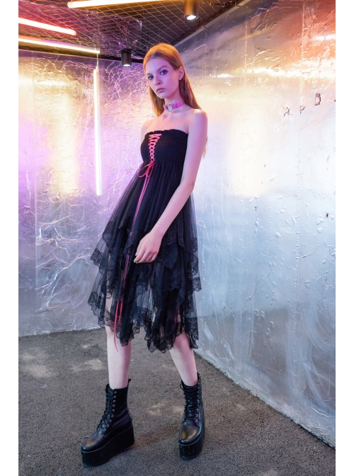 Steam Punk Female Black Mesh Stitching Pink Binding Long Skirt