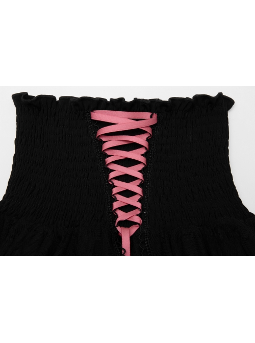 Steam Punk Female Black Mesh Stitching Pink Binding Long Skirt