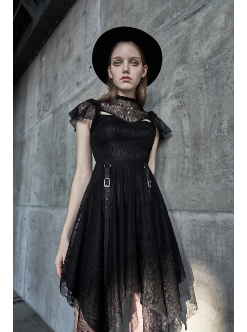 Steam Punk Female Black Lace Stitching Hollow Embroidered Dress
