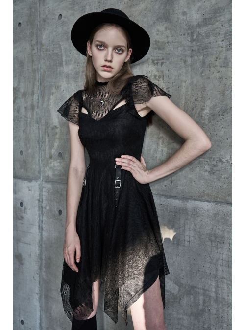 Steam Punk Female Black Lace Stitching Hollow Embroidered Dress