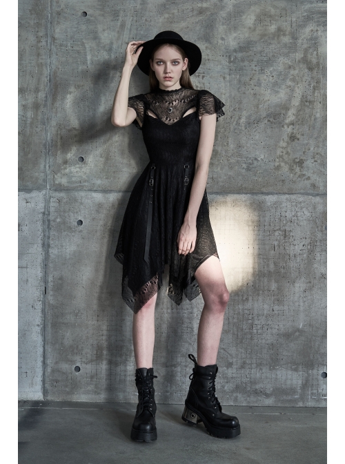 Steam Punk Female Black Lace Stitching Hollow Embroidered Dress