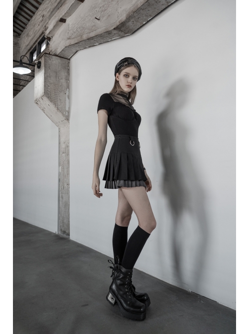 Steam Punk Female Casual Black Grey Double Layers Pleated Skirt
