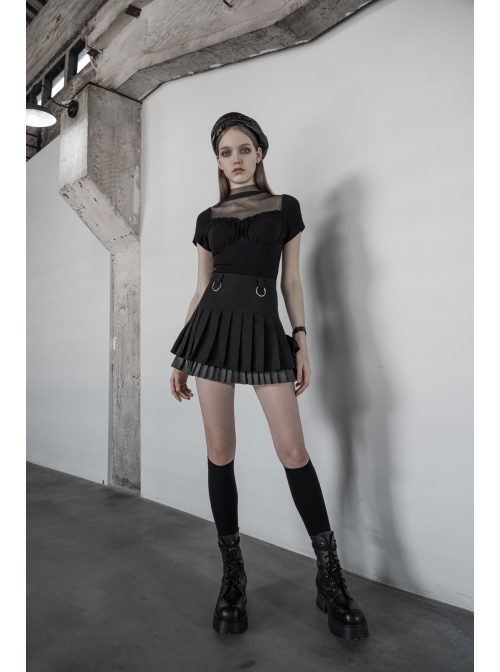 Steam Punk Female Casual Black Grey Double Layers Pleated Skirt