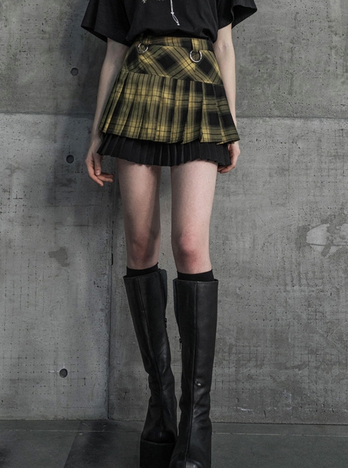 Steam Punk Female Black Yellow Lattice Double Layers Pleated Skirt