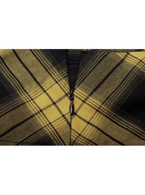 Steam Punk Female Black Yellow Lattice Double Layers Pleated Skirt