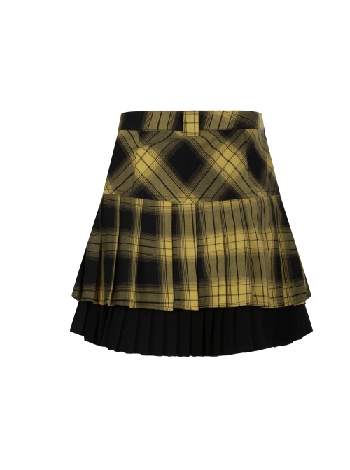 Steam Punk Female Black Yellow Lattice Double Layers Pleated Skirt