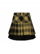 Steam Punk Female Black Yellow Lattice Double Layers Pleated Skirt