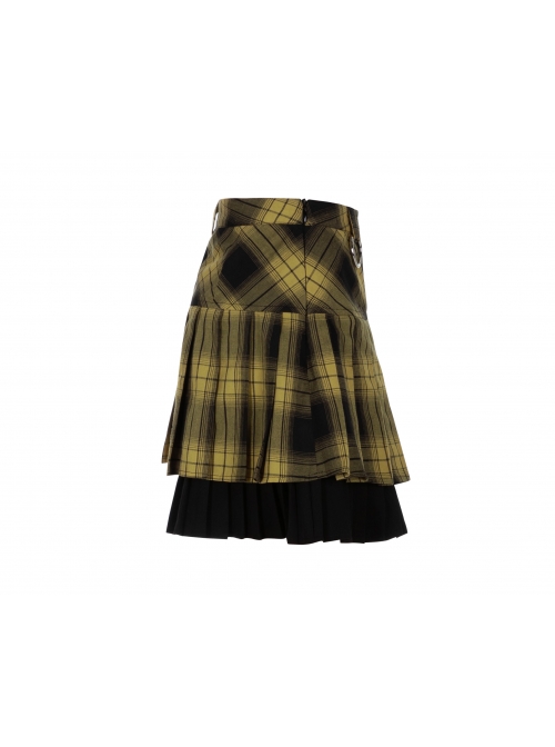 Steam Punk Female Black Yellow Lattice Double Layers Pleated Skirt