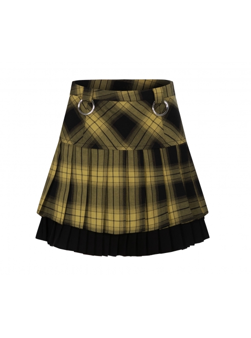 Steam Punk Female Black Yellow Lattice Double Layers Pleated Skirt