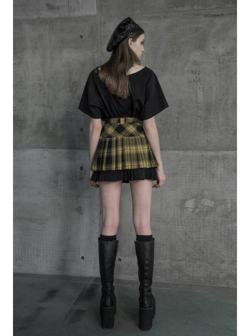 Steam Punk Female Black Yellow Lattice Double Layers Pleated Skirt