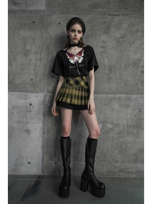 Steam Punk Female Black Yellow Lattice Double Layers Pleated Skirt