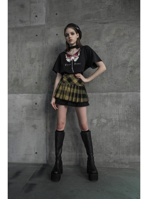 Steam Punk Female Black Yellow Lattice Double Layers Pleated Skirt