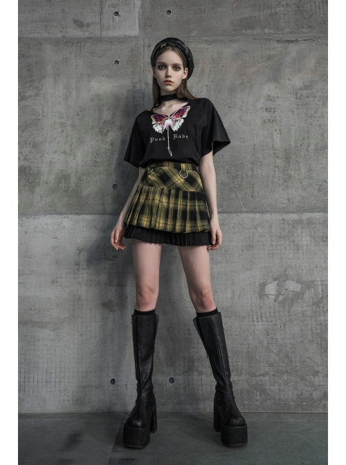 Steam Punk Female Black Yellow Lattice Double Layers Pleated Skirt