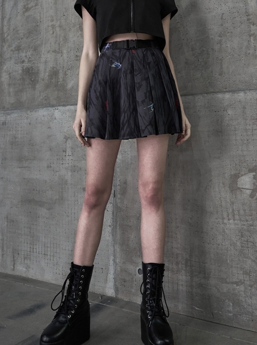 Steam Punk Female Casual Black Chinese Painting Decorated Pleated Skirt