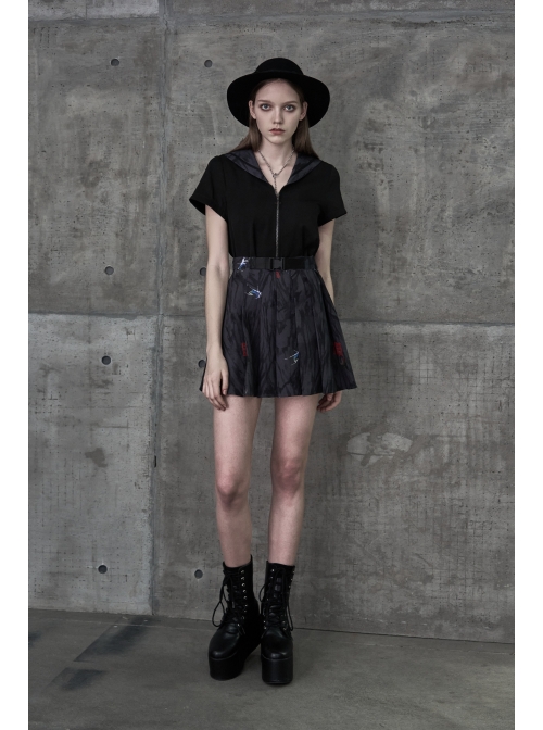 Steam Punk Female Casual Black Chinese Painting Decorated Pleated Skirt