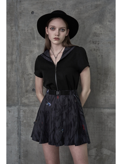 Steam Punk Female Casual Black Chinese Painting Decorated Pleated Skirt