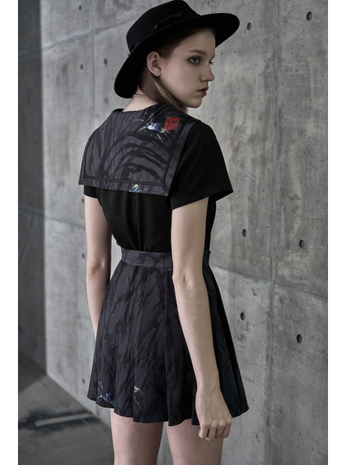 Steam Punk Female Casual Black Chinese Painting Decorated Pleated Skirt