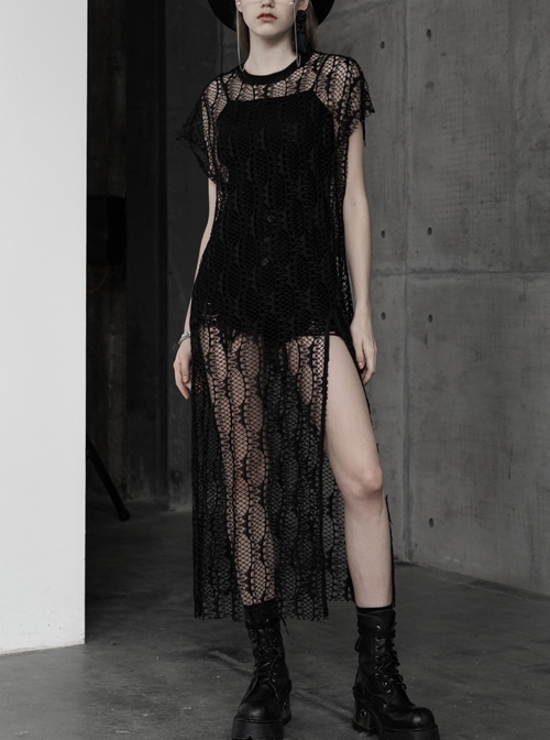 Steam Punk Female Black Lace Transparent Split Long Dress