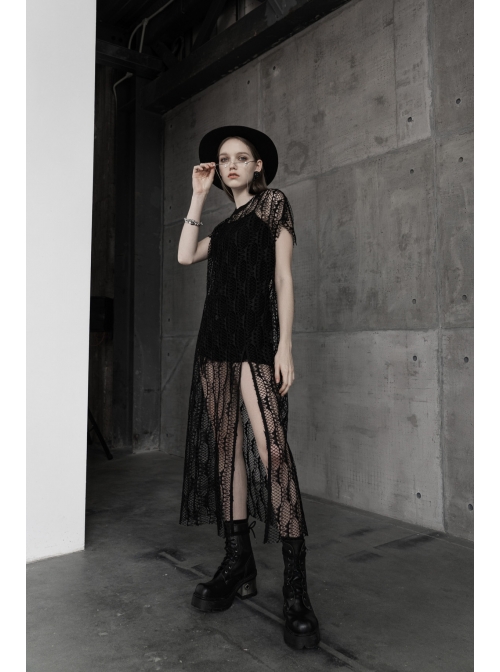 Steam Punk Female Black Lace Transparent Split Long Dress