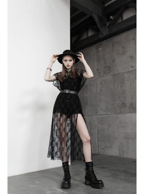 Steam Punk Female Black Lace Transparent Split Long Dress
