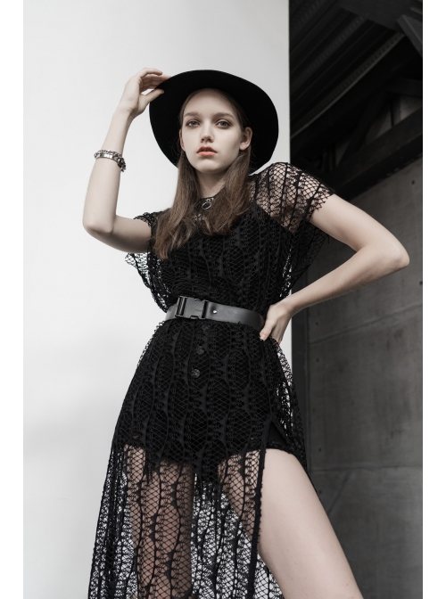 Steam Punk Female Black Lace Transparent Split Long Dress