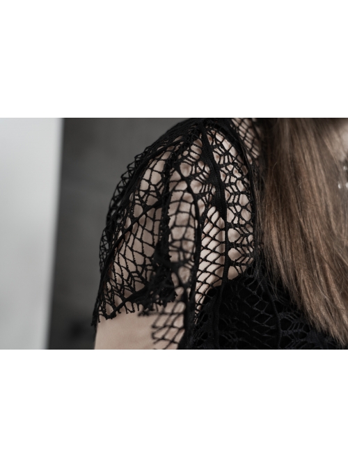 Steam Punk Female Black Lace Transparent Split Long Dress