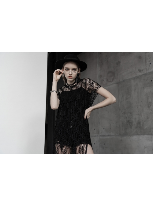 Steam Punk Female Black Lace Transparent Split Long Dress