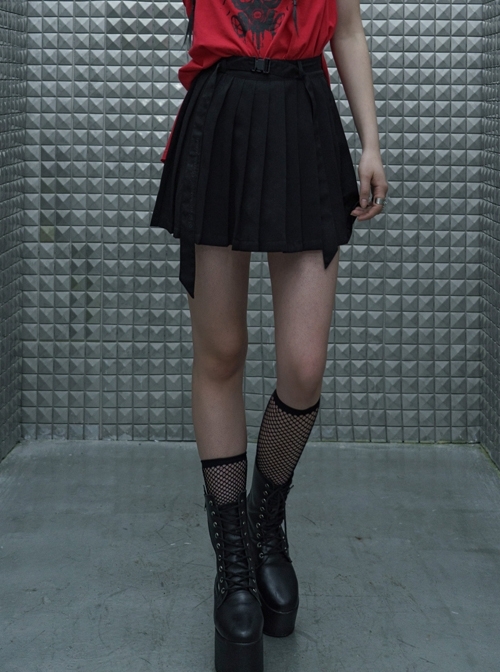 Steam Punk Female Casual Black Strap Buckle Pleated Skirt