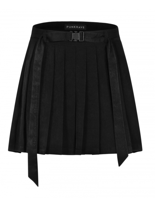Steam Punk Female Casual Black Strap Buckle Pleated Skirt
