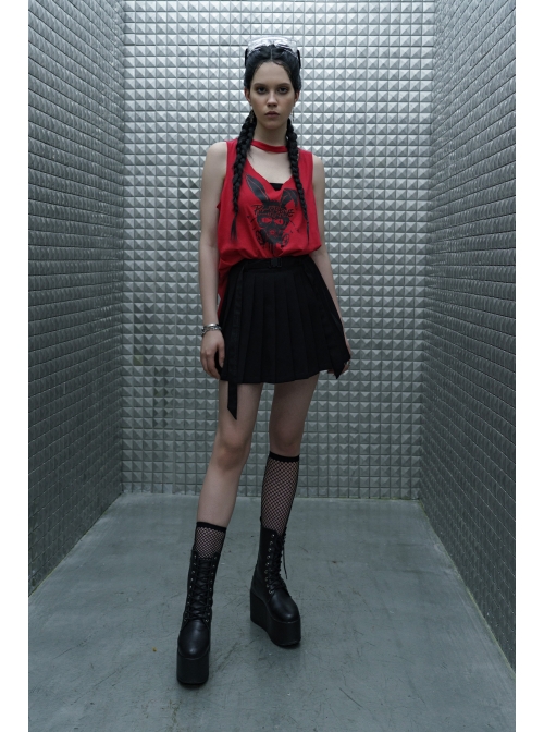 Steam Punk Female Casual Black Strap Buckle Pleated Skirt