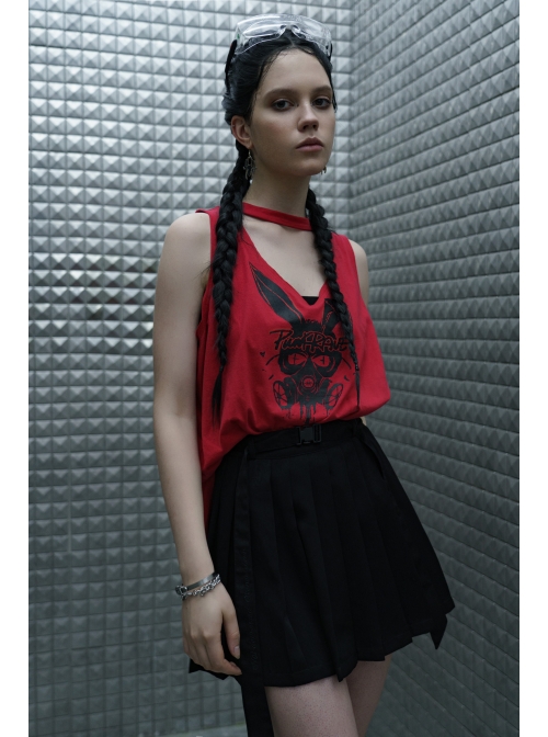 Steam Punk Female Casual Black Strap Buckle Pleated Skirt