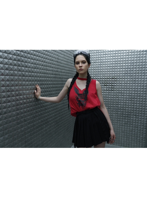 Steam Punk Female Casual Black Strap Buckle Pleated Skirt