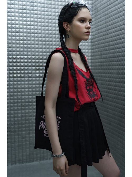Steam Punk Female Casual Black Strap Buckle Pleated Skirt