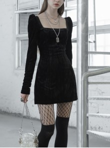 Gothic Casual Female Black Velvet Long Sleeve High Waist Dress