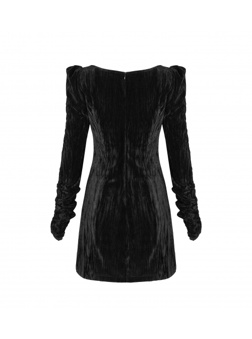 Gothic Casual Female Black Velvet Long Sleeve High Waist Dress