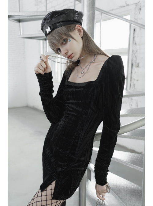 Gothic Casual Female Black Velvet Long Sleeve High Waist Dress