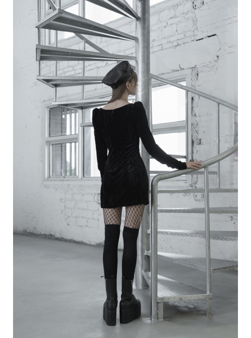 Gothic Casual Female Black Velvet Long Sleeve High Waist Dress - Magic  Wardrobes