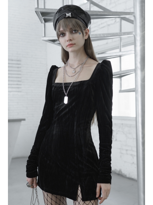 Gothic Casual Female Black Velvet Long Sleeve High Waist Dress