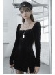 Gothic Casual Female Black Velvet Long Sleeve High Waist Dress