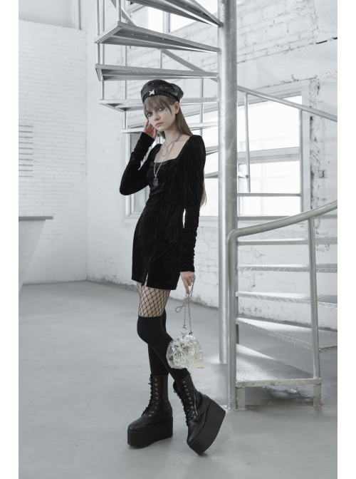 Gothic Casual Female Black Velvet Long Sleeve High Waist Dress