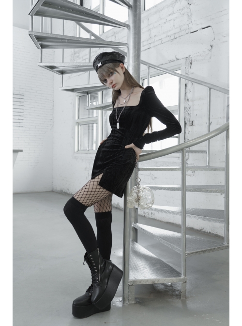 Gothic Casual Female Black Velvet Long Sleeve High Waist Dress