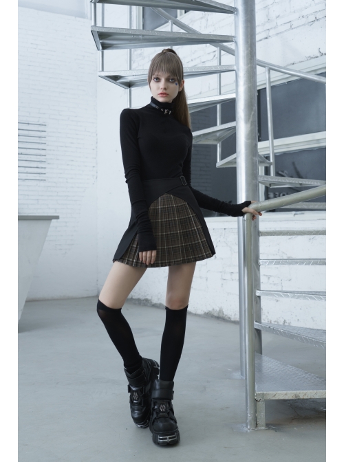 Steam Punk Female Black Brown Lattice Stitching High Waist Skirt