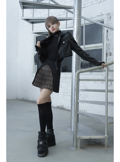 Steam Punk Female Black Brown Lattice Stitching High Waist Skirt