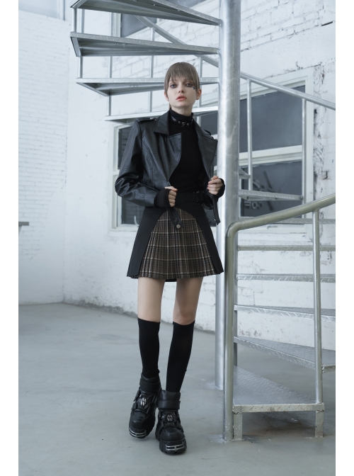 Steam Punk Female Black Brown Lattice Stitching High Waist Skirt