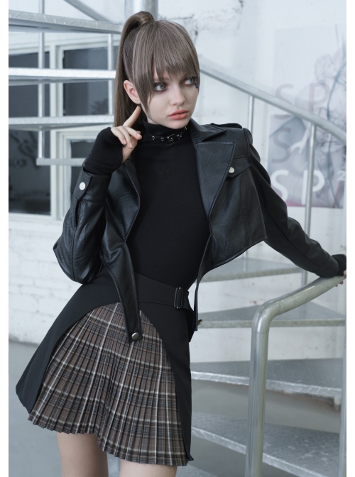 Steam Punk Female Black Brown Lattice Stitching High Waist Skirt