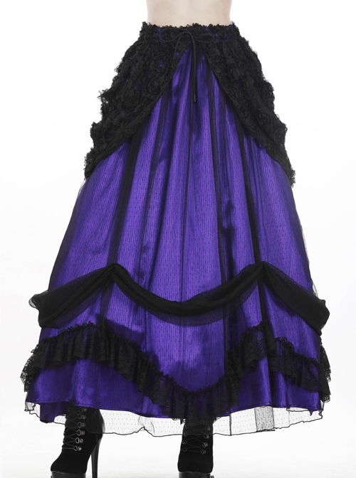 Purple Gothic Lace-Up Lace Mesh Frill Satin Long Skirt