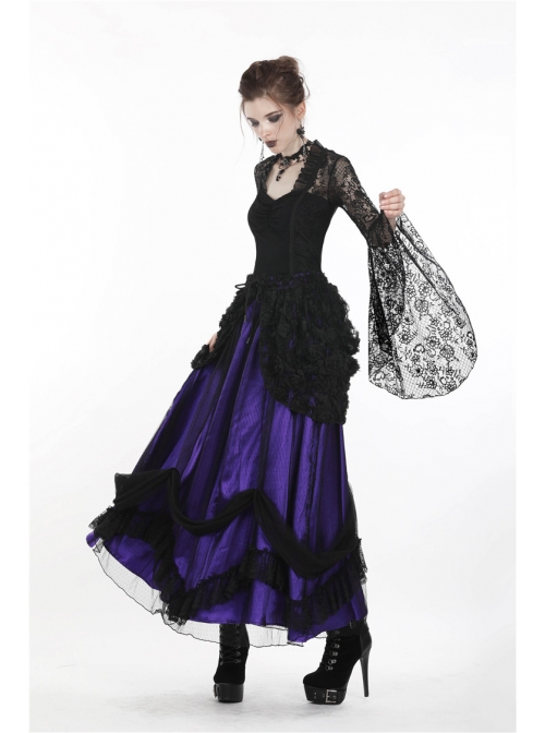 Purple Gothic Lace-Up Lace Mesh Frill Satin Long Skirt - Magic Wardrobes