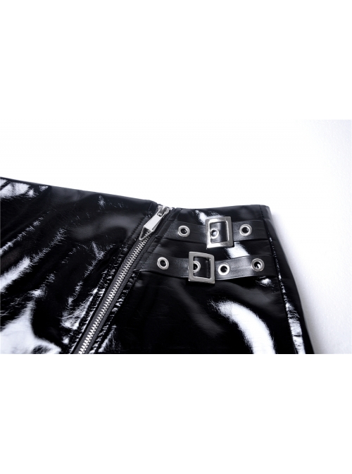 Metal D-Buckle Leather Strap Black Punk Rock Shiny PU Short Skirt
