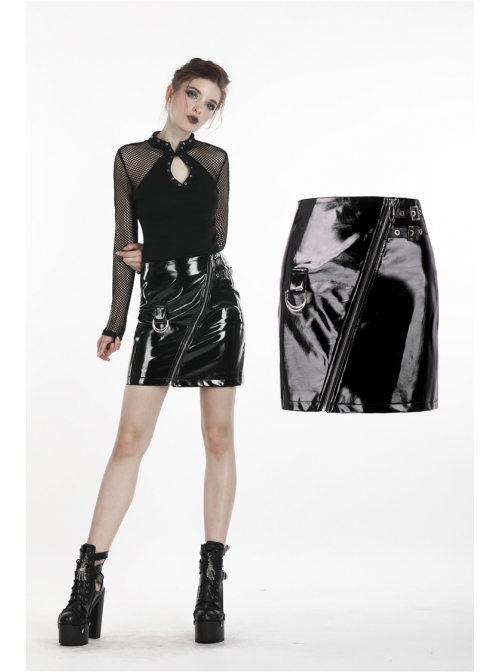 Metal D-Buckle Leather Strap Black Punk Rock Shiny PU Short Skirt